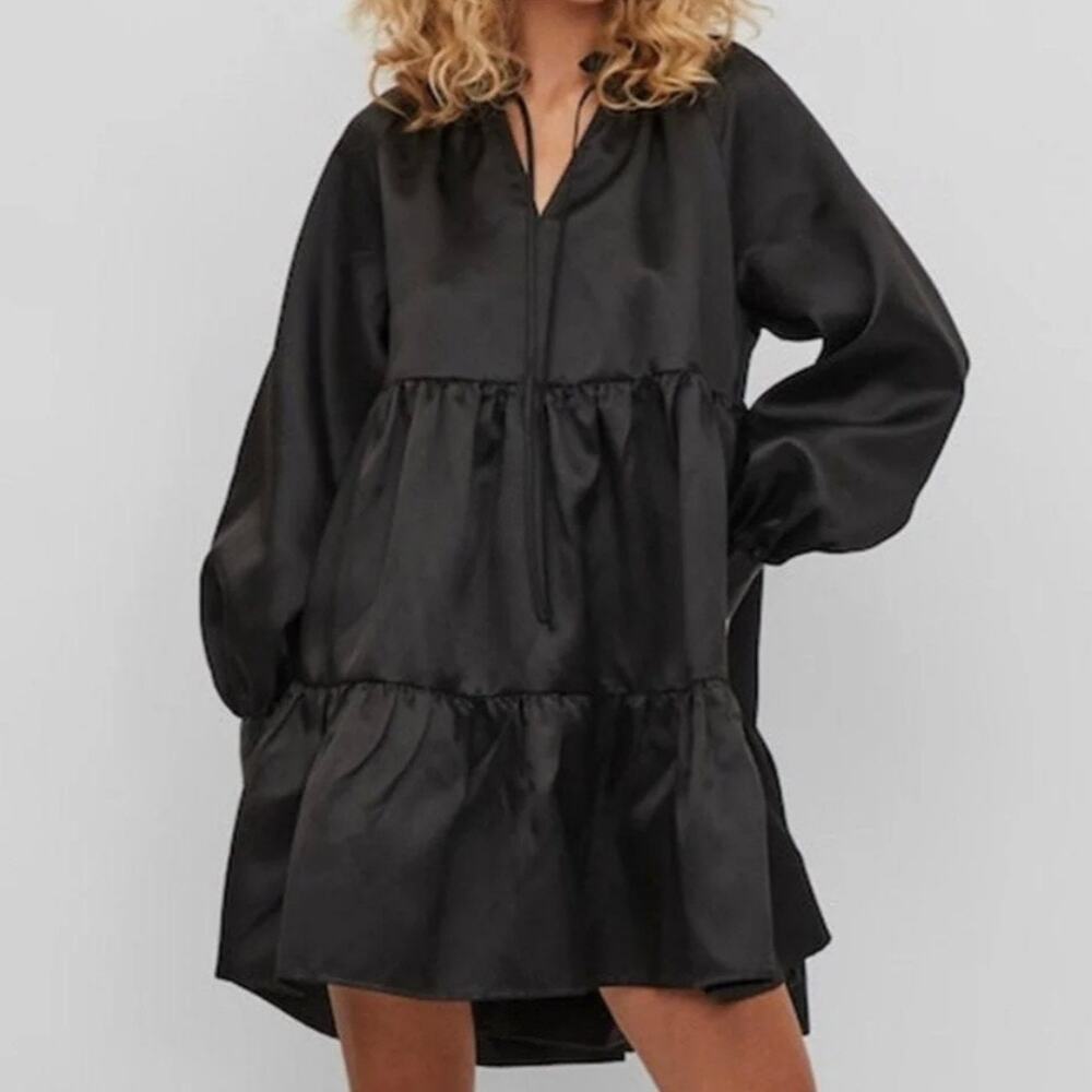 JOIE x ANTHROPOLOGIE | Black Babydoll Mini Dress Tie Bow Front Tiered | Size XL